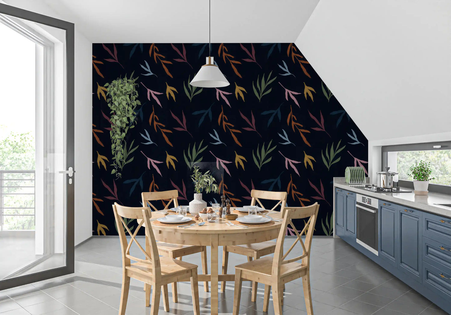 Dark tropical wallpaper carrying hand-painted leaves and earthy colour accents
