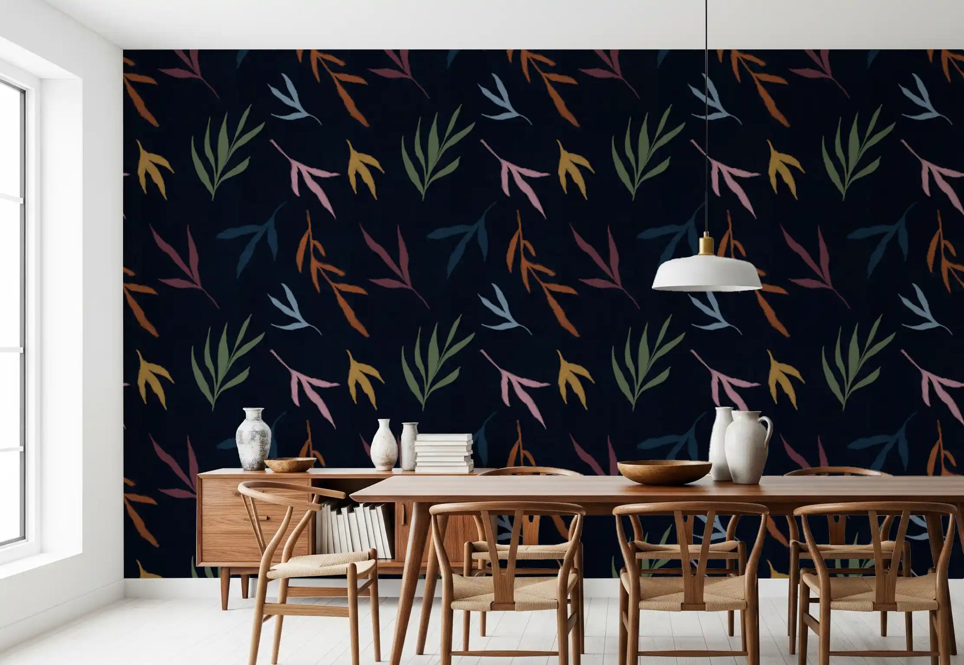 Moody foliage wallpaper with tropical leaves and artistic open spacing
