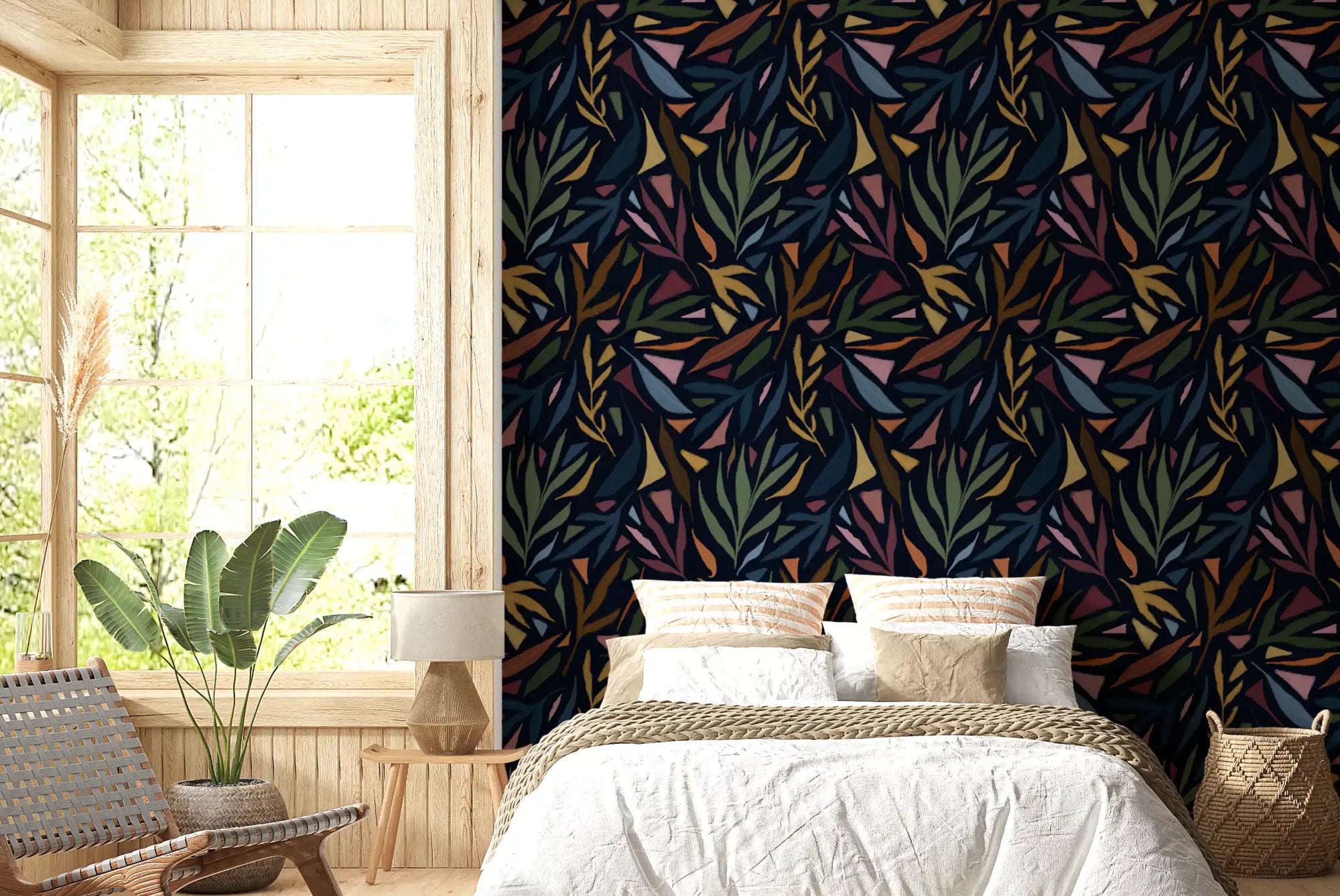 Bedroom wallpaper showing Dark Wallpaper with painted tropical foliage shapes