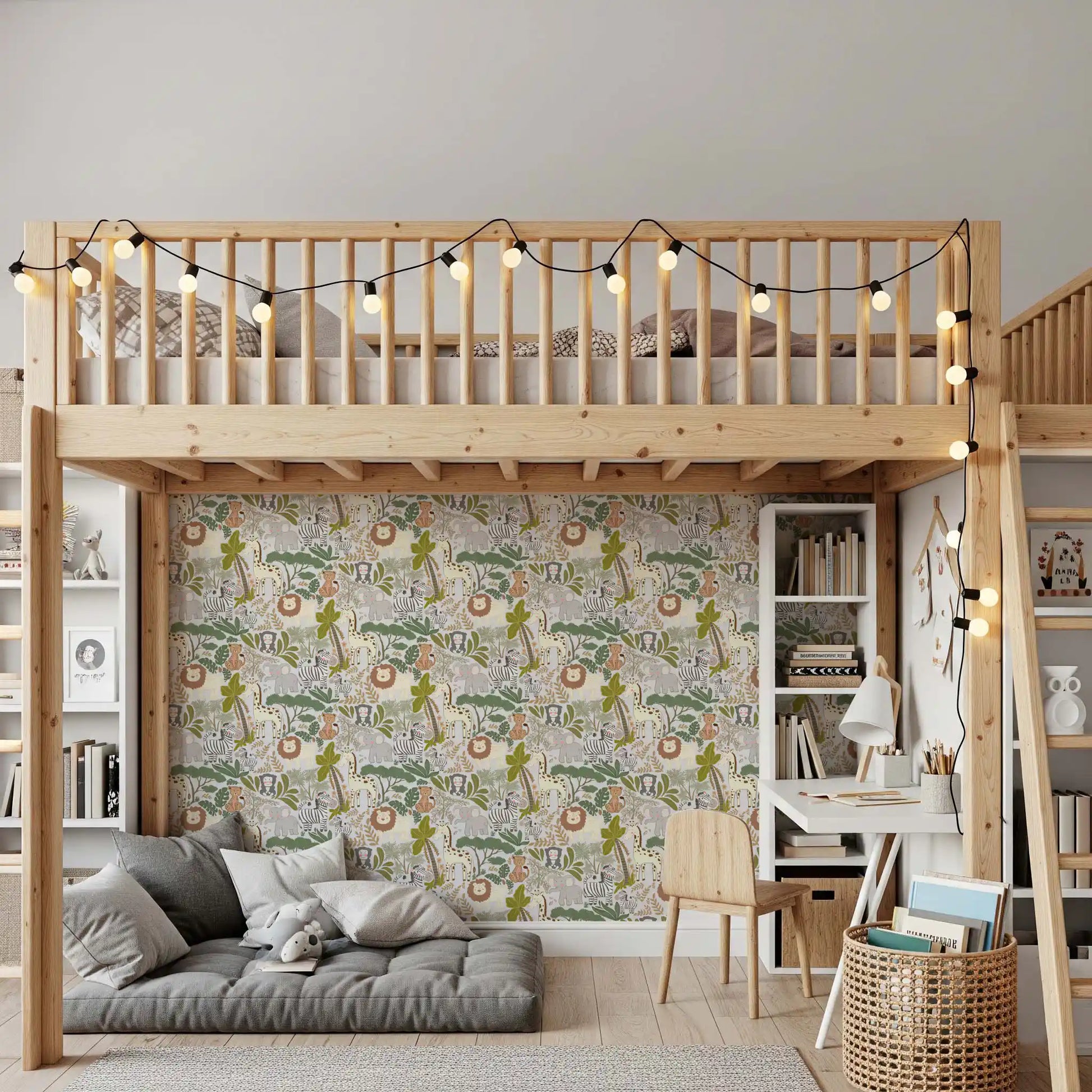 Kids room with Whimsical Safari Pals wallpaper and sweet jungle animals