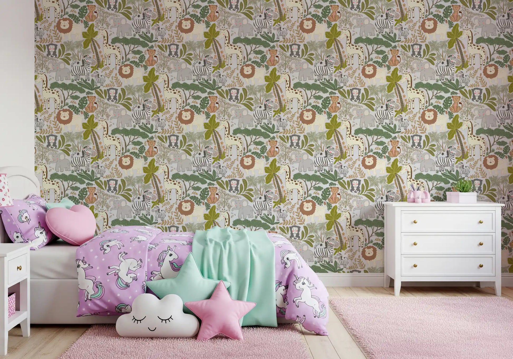 Animal-themed wallpaper with Whimsical Safari characters and foliage