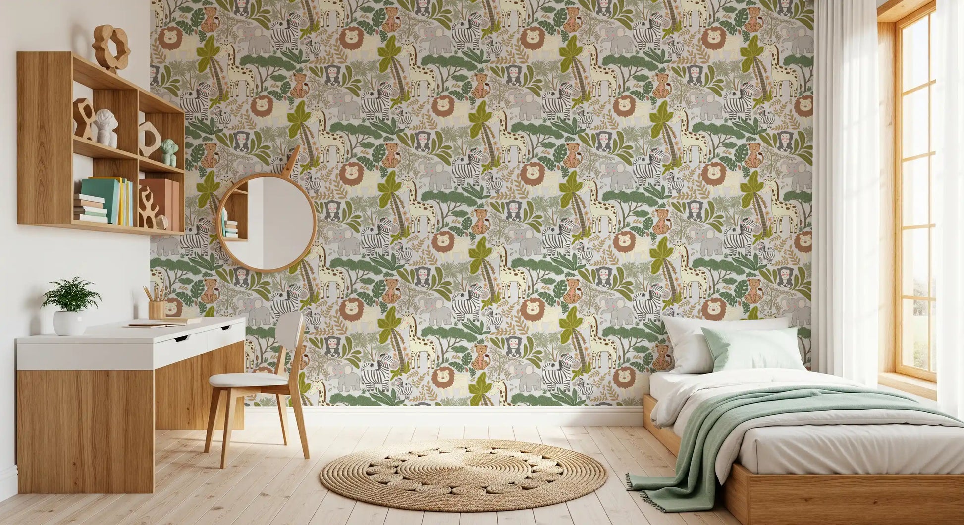 Bedroom wall with Whimsical Safari wallpaper and leafy animal pattern