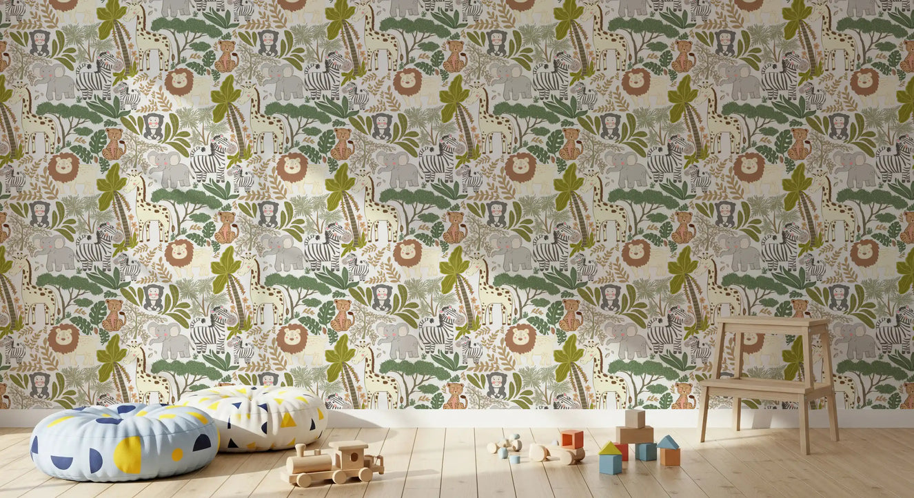 Cute animal wallpaper with giraffes, zebras, elephants, and foliage