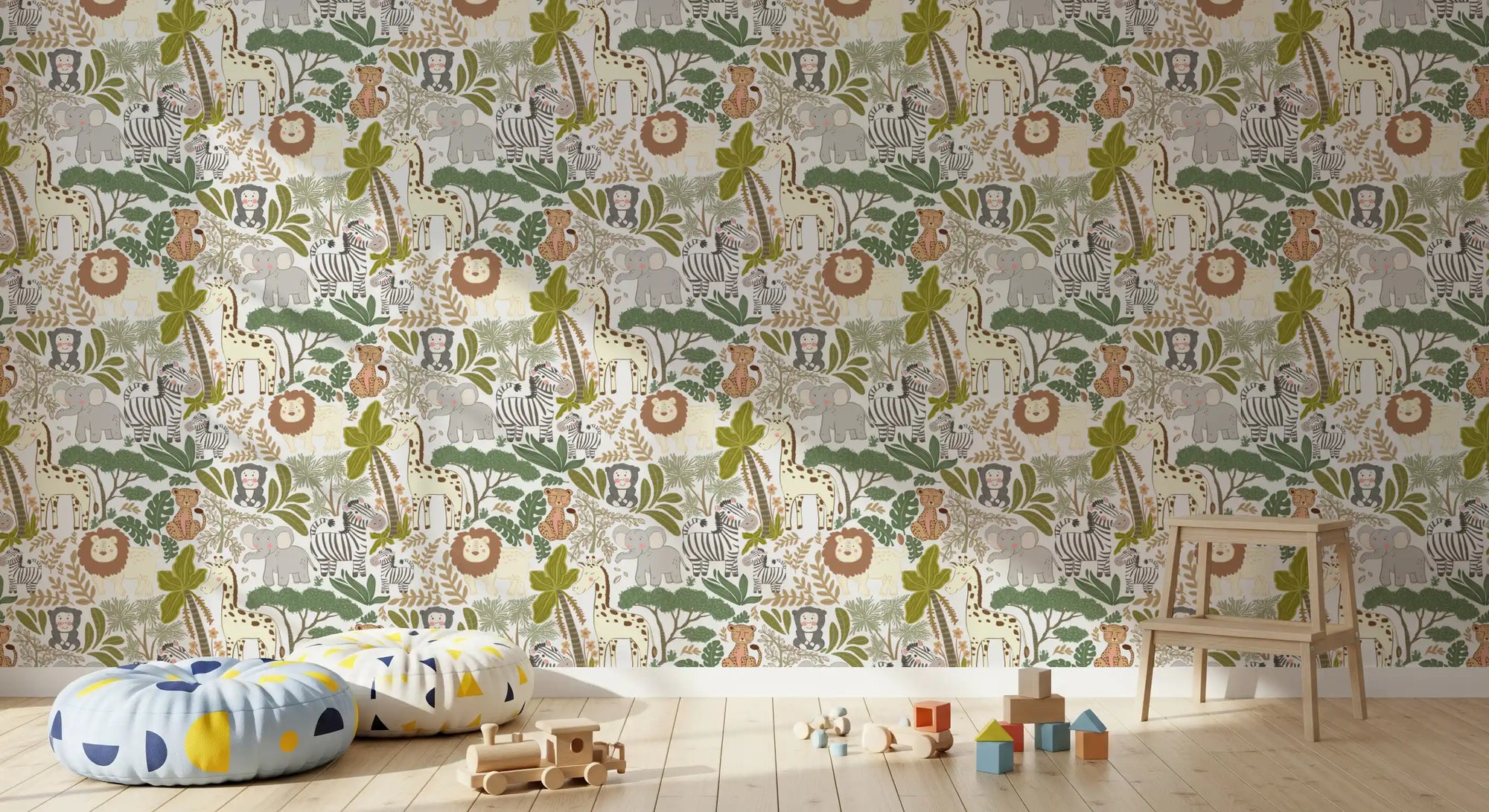 Cute animal wallpaper with giraffes, zebras, elephants, and foliage