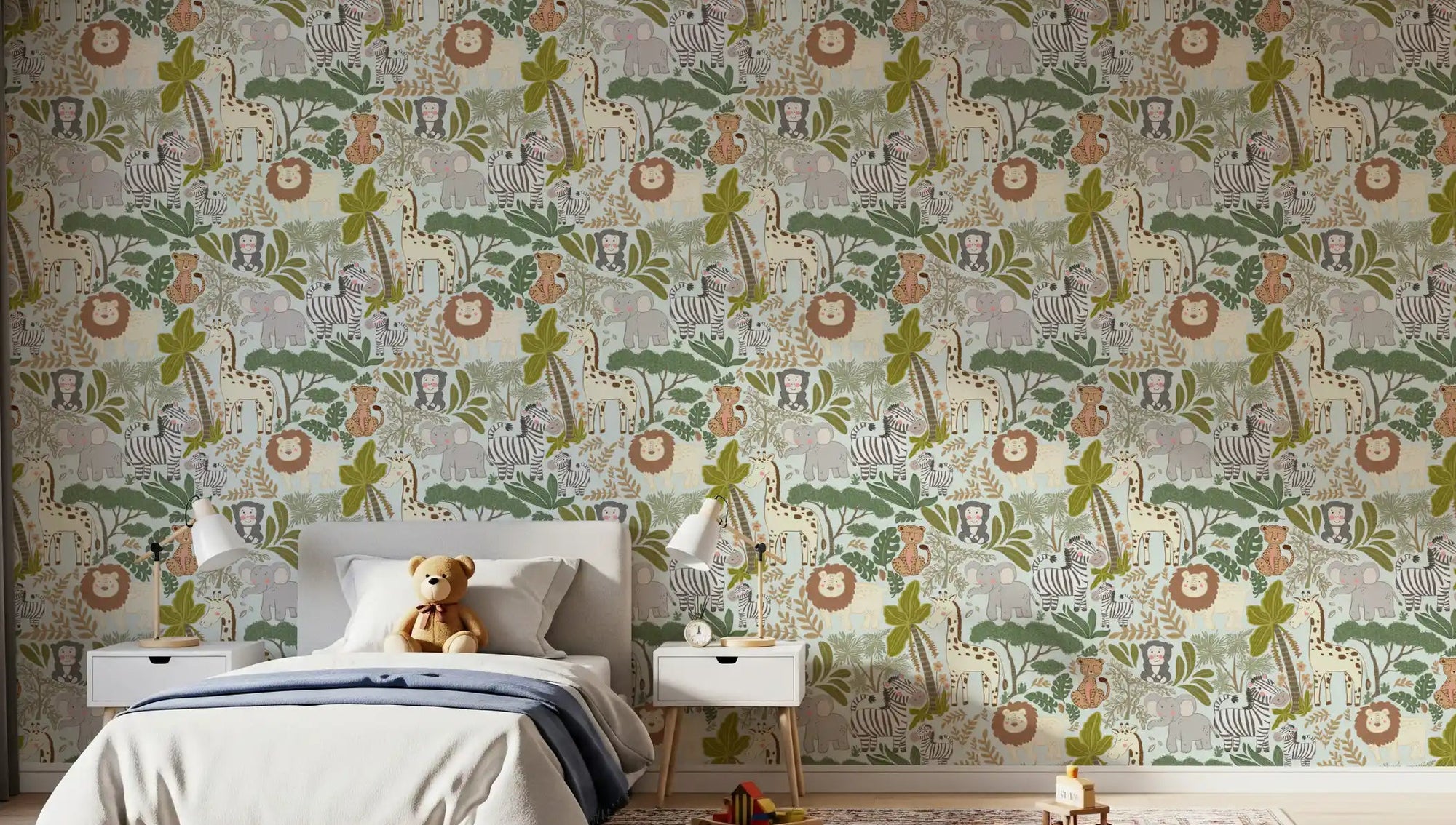 Safari Animal Wallpaper featuring lions, leopards, and leafy jungle art