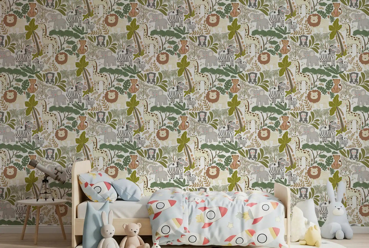 Kids room with Playful Jungle Pals wallpaper and cute safari animals