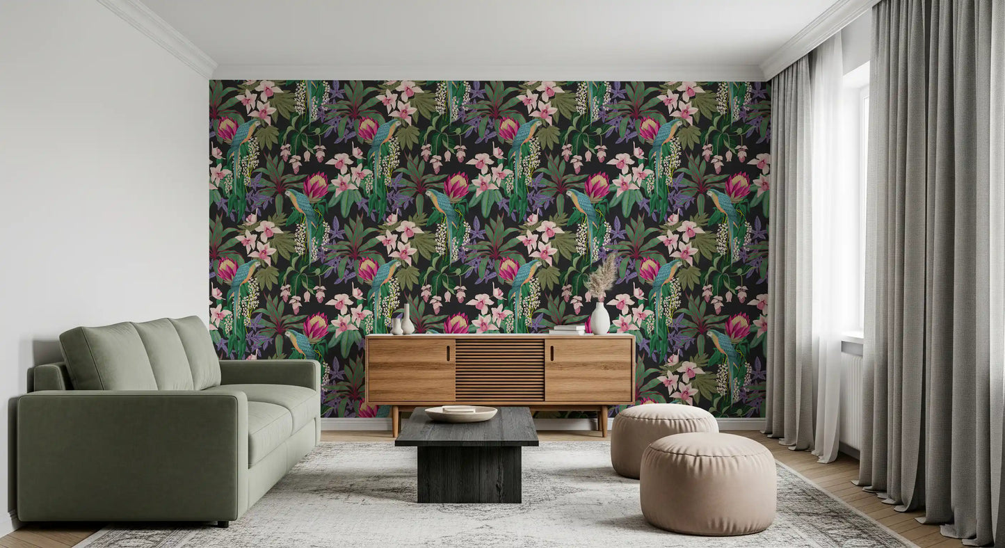 Papel pintado de guacamayo tropical y flor de orquídea