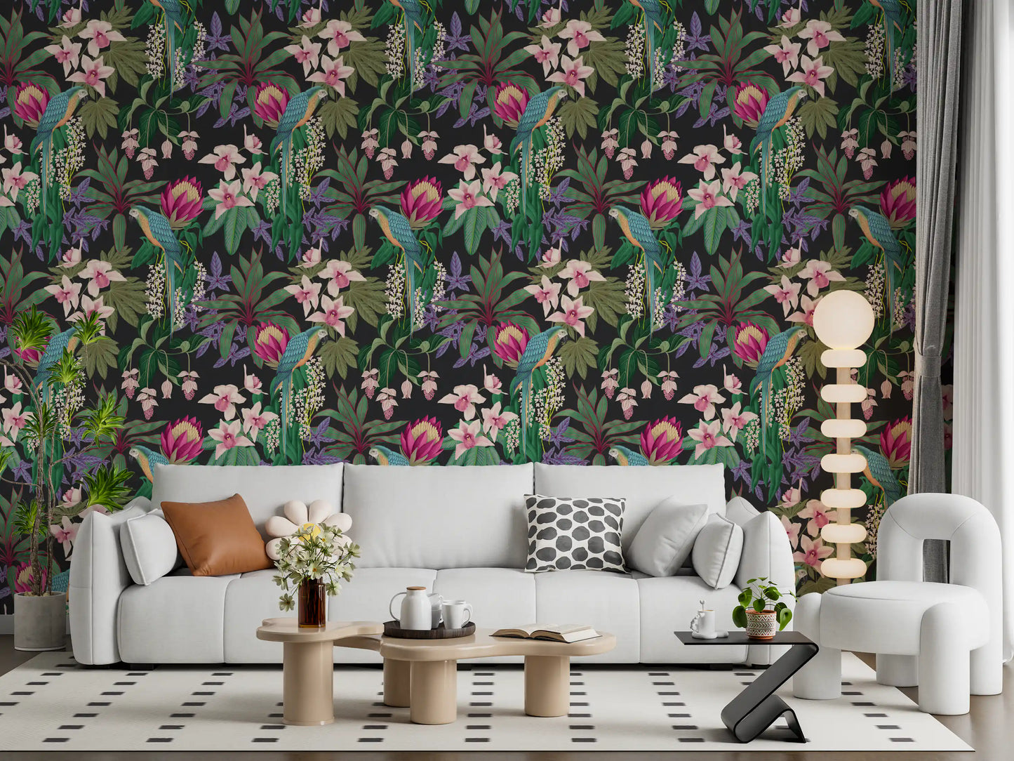 Papel pintado de guacamayo tropical y flor de orquídea