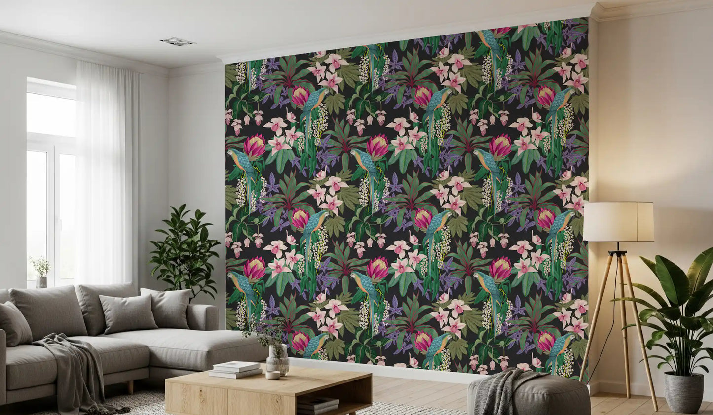 Papel pintado de guacamayo tropical y flor de orquídea