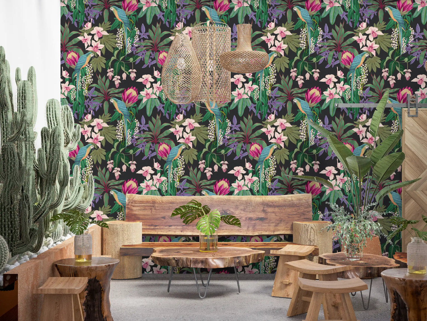 Papel pintado de guacamayo tropical y flor de orquídea