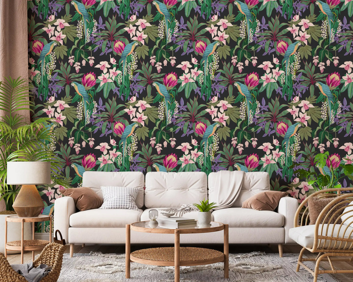 Papel pintado de guacamayo tropical y flor de orquídea