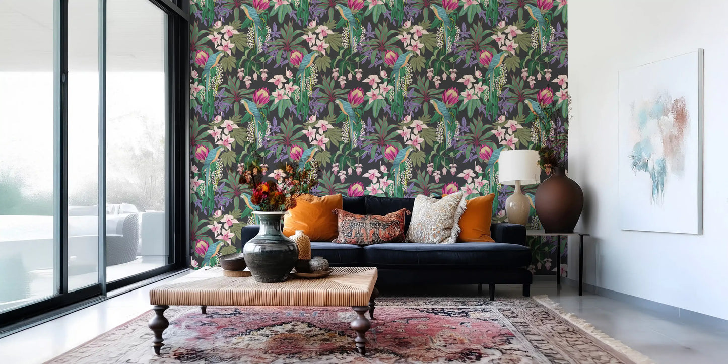 Papel pintado de guacamayo tropical y flor de orquídea