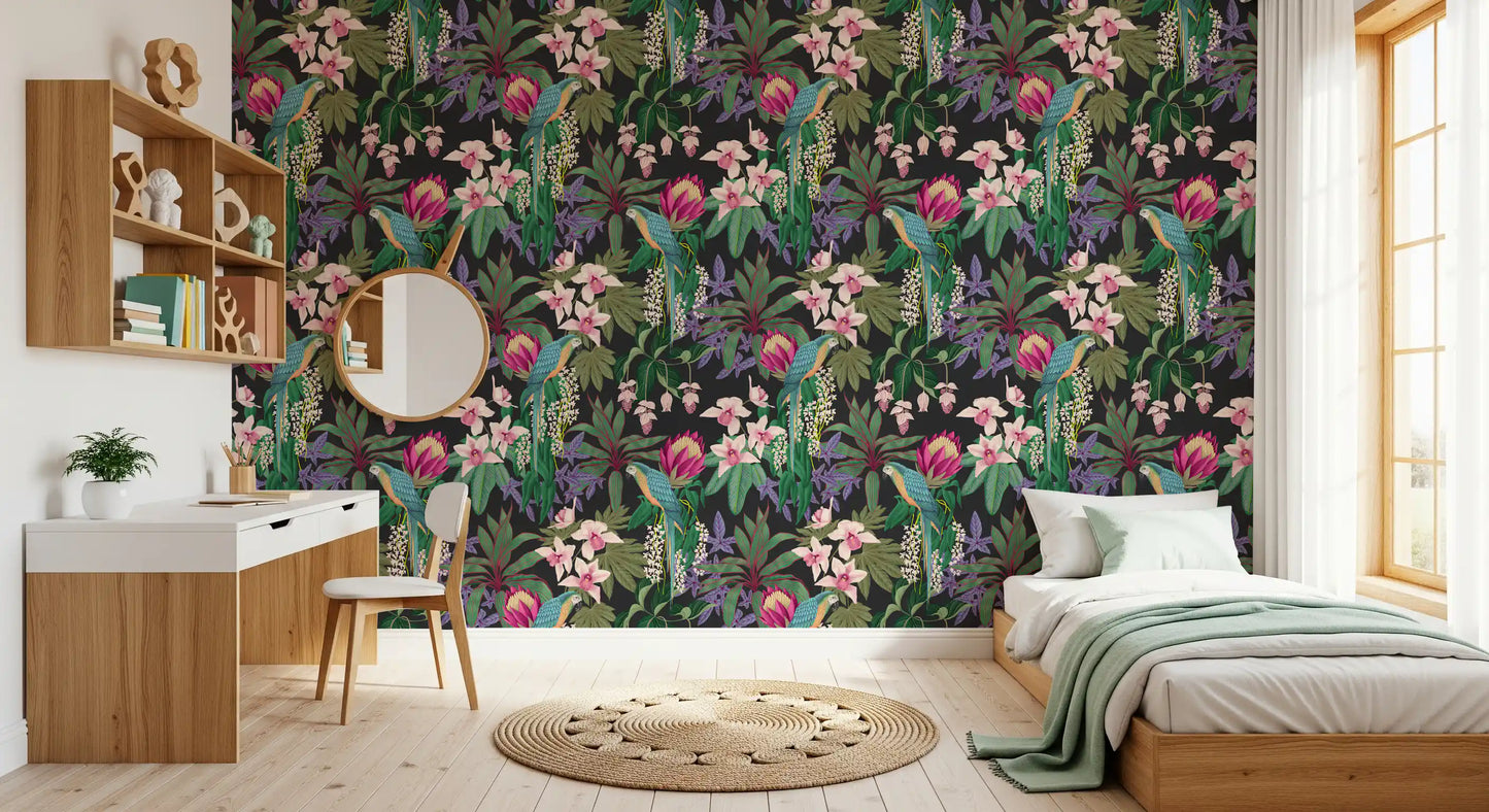Papel pintado de guacamayo tropical y flor de orquídea