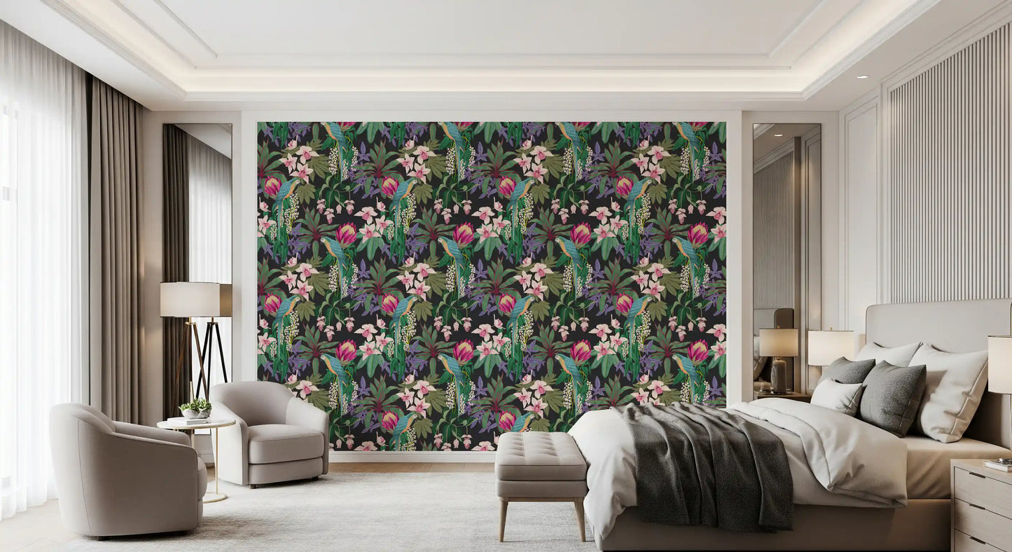 Papel pintado de guacamayo tropical y flor de orquídea