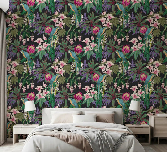 Bedroom featuring Orchid Macaw wallpaper and lush jungle pattern
