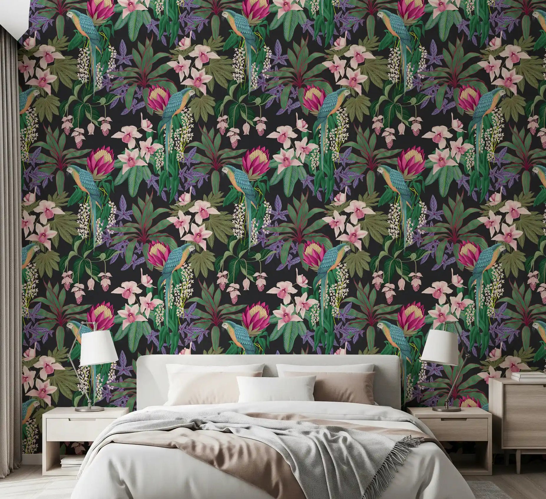 Bedroom featuring Orchid Macaw wallpaper and lush jungle pattern