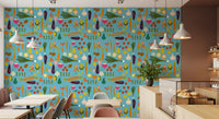 Blue culinary wallpaper with harvest artwork and cheerful colour mix