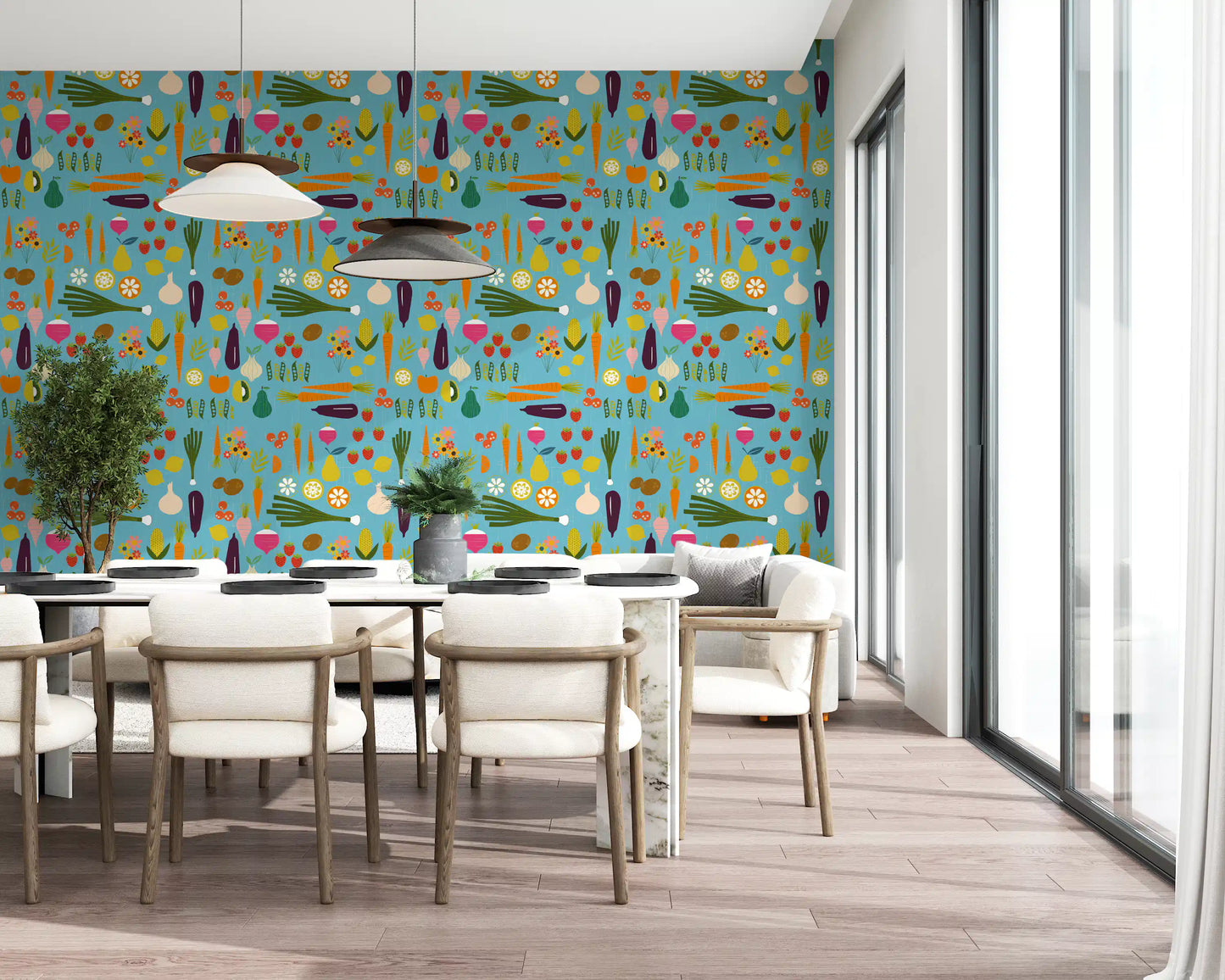 Mid century wallpaper with blue ground and illustrated food shapes