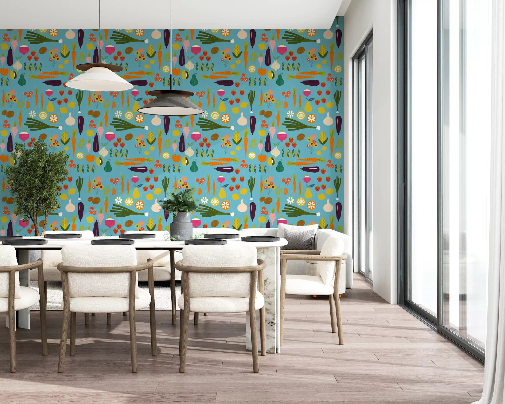 Mid century wallpaper with blue ground and illustrated food shapes