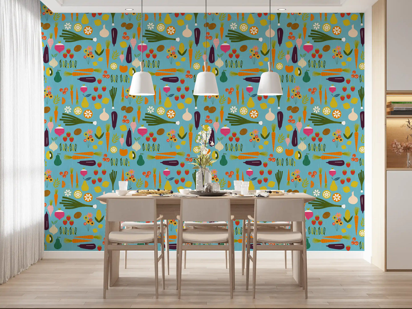 Blue kitchen wallpaper with carrots, pears, onions, and lemon slices