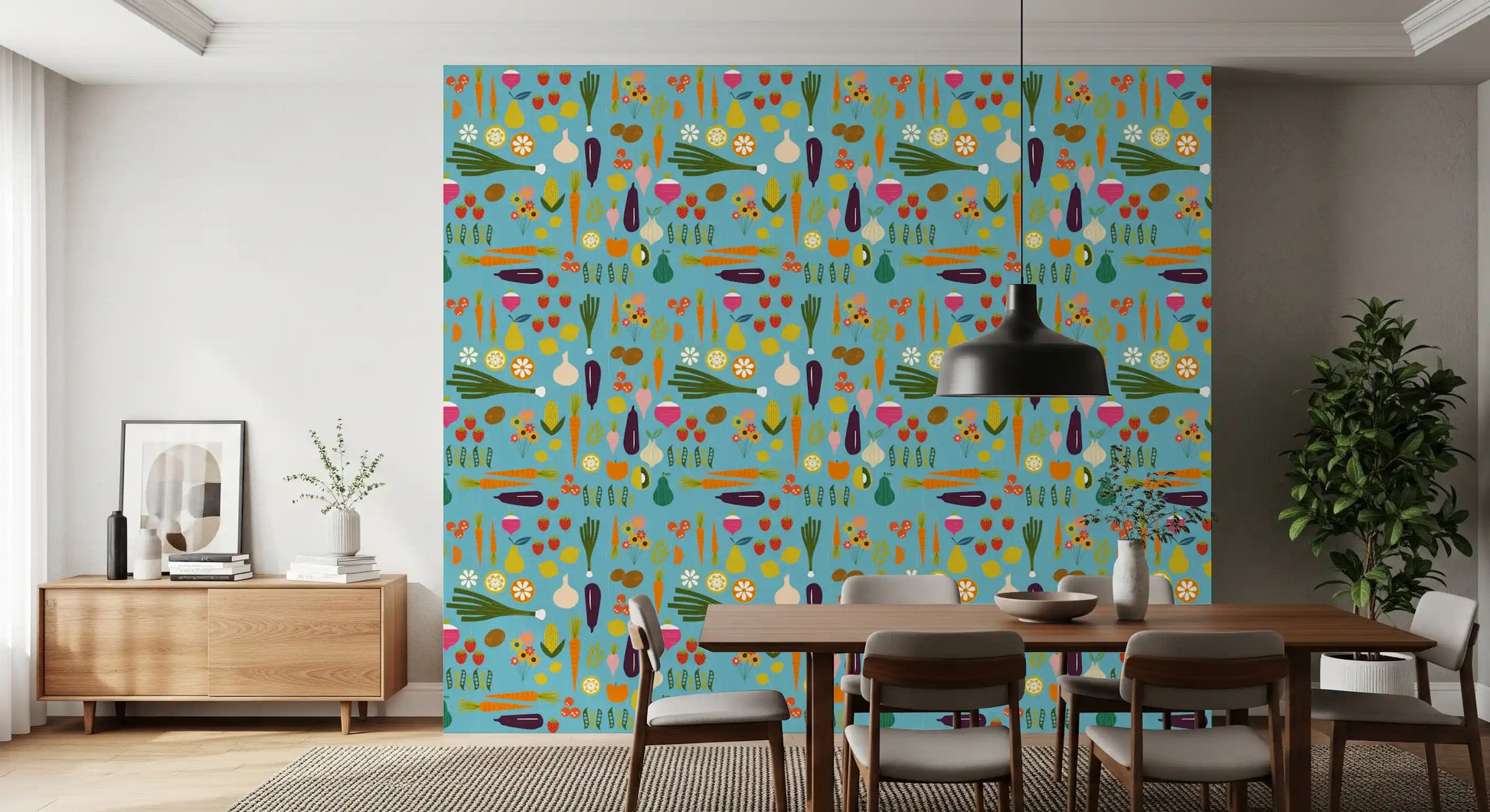 Breakfast nook featuring kitchen wallpaper with vegetables and flowers