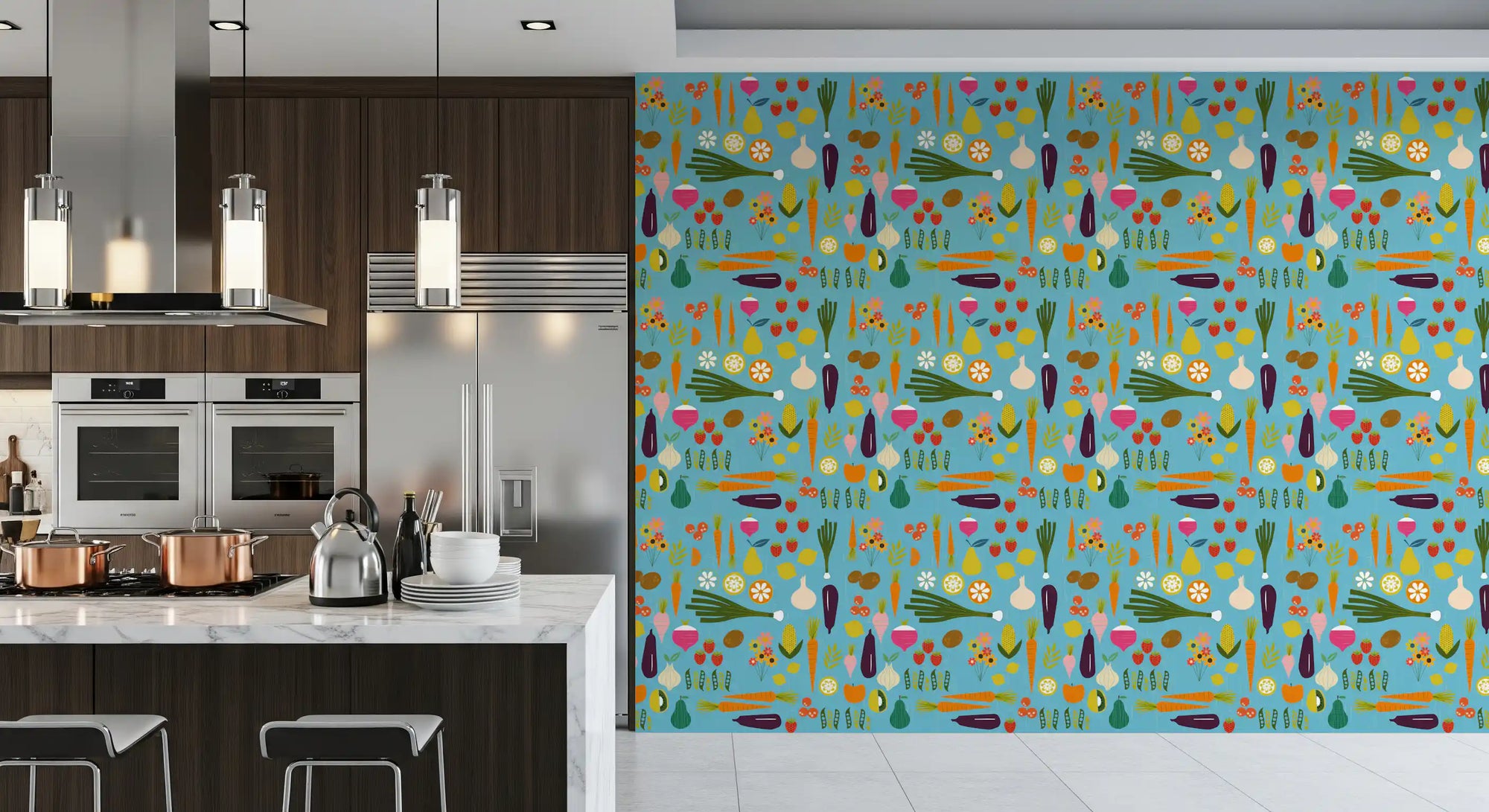 Kitchen wall with Blue Veggie Wallpaper and colourful harvest illustrations