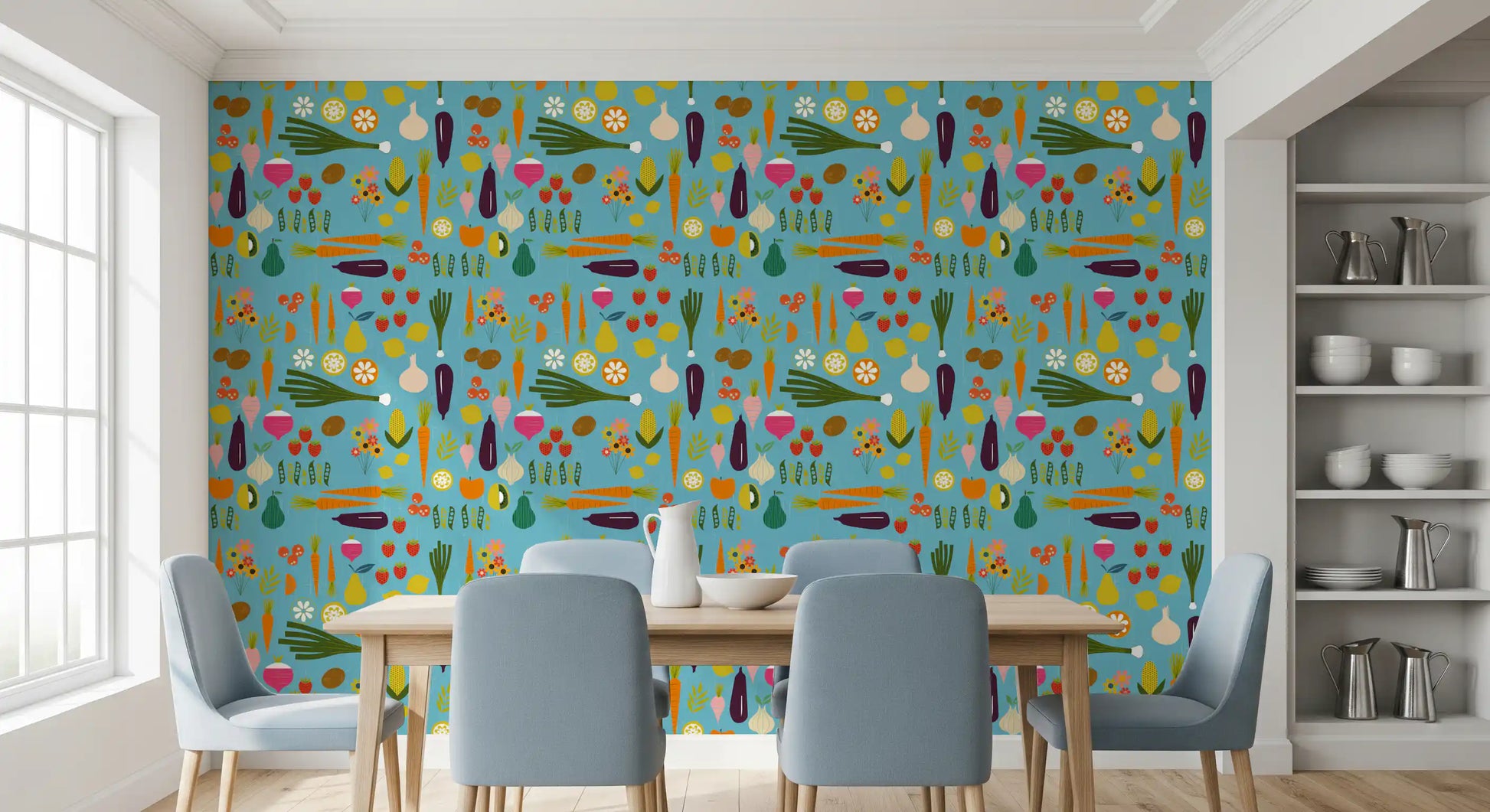Dining wall styled in Blue Veggie Wallpaper with lively crop motifs