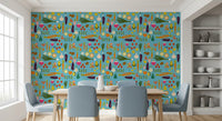 Dining wall styled in Blue Veggie Wallpaper with lively crop motifs