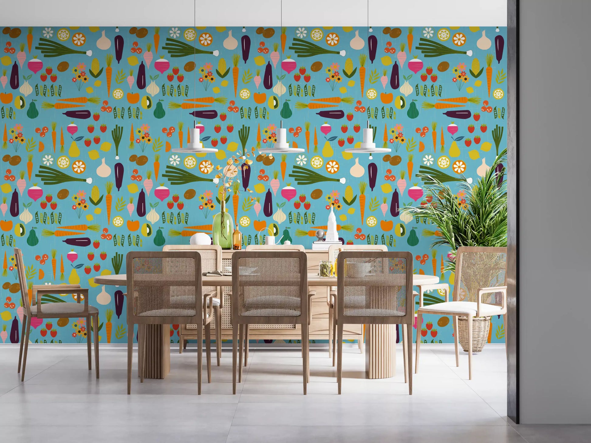 Produce pattern wallpaper with peas, berries, roots, and floral elements