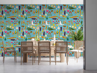 Produce pattern wallpaper with peas, berries, roots, and floral elements