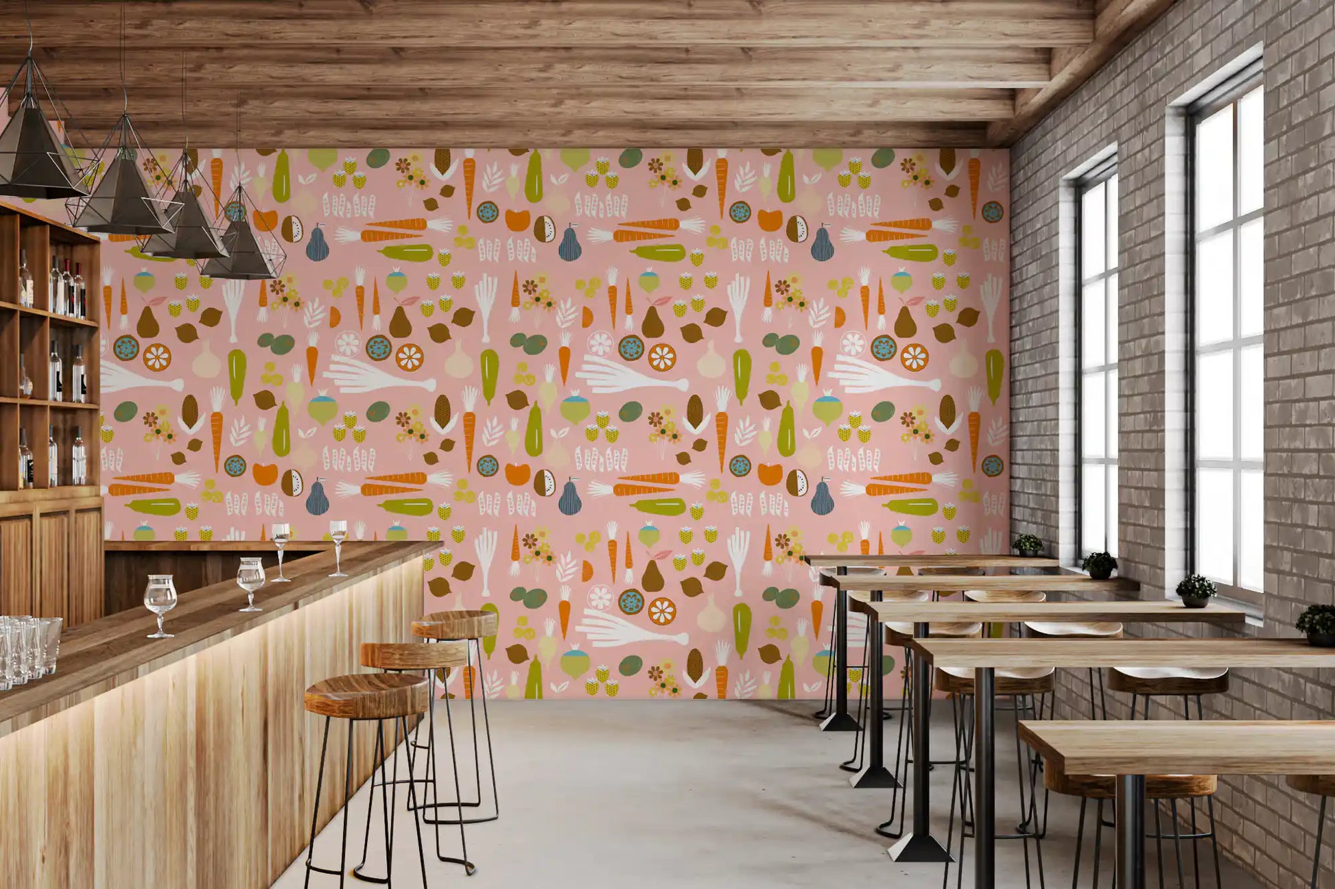 Cafe area with Veggie Wallpaper on a soft pink textured ground