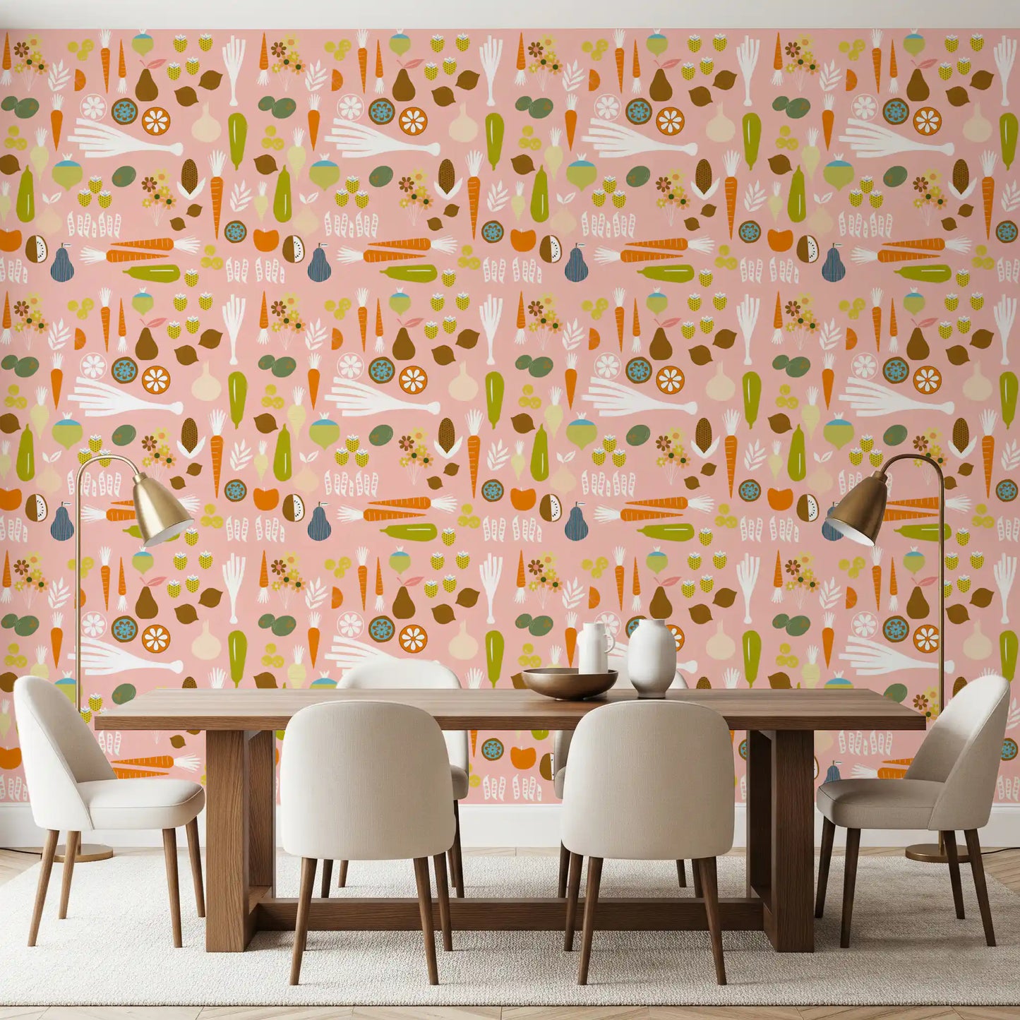 Dining area in Modern Kitchen Wallpaper with pink fruit and veg art