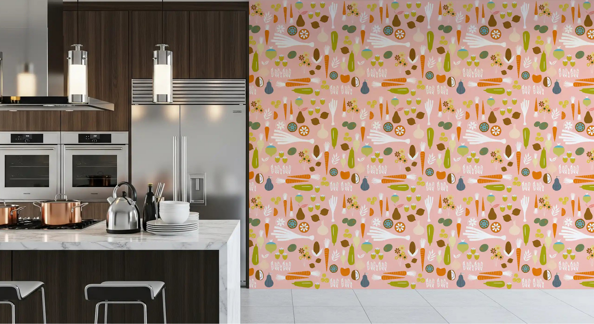 Kitchen wall with Pink Veggie wallpaper and Mid Century produce pattern