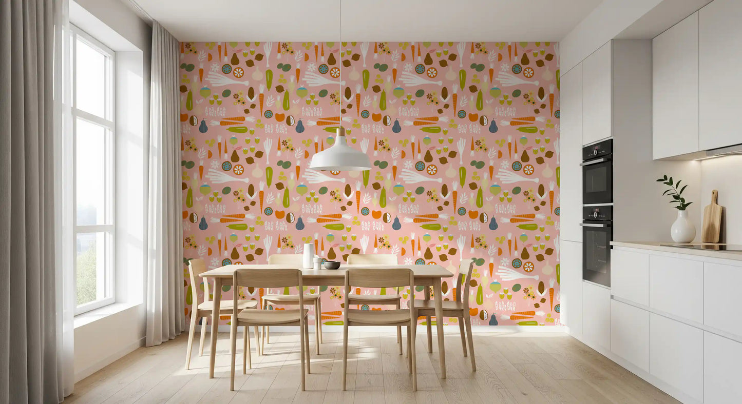 Dining room wall using Pink Kitchen Wallpaper with playful produce shapes