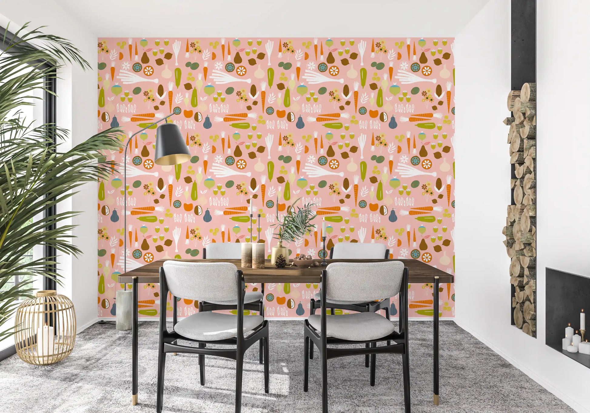 Pink Retro Wallpaper with citrus rounds, leafy stems, and root vegetables