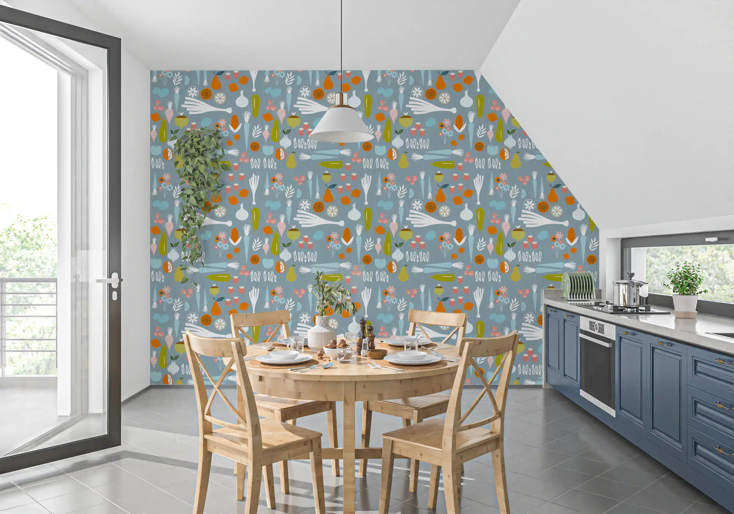 Produce Art Wallpaper with root vegetables on a dusty blue background
