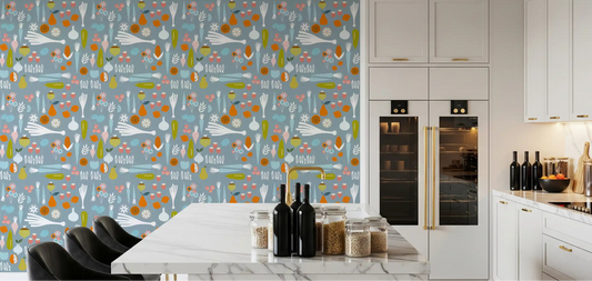 Kitchen wall with Dusty Blue Kitchen Wallpaper and playful produce art