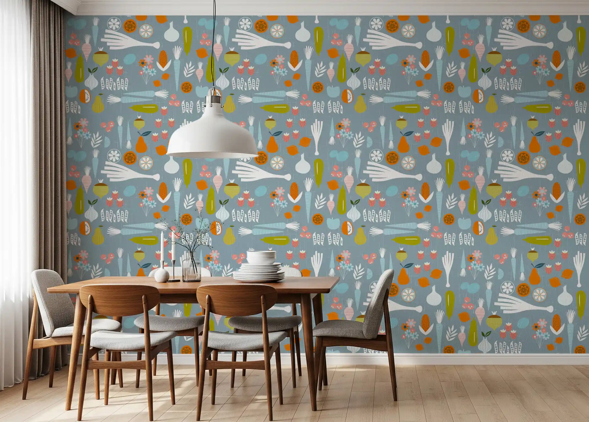 Dusty Blue Veggie Wallpaper with onions, pears, berries, and leaf shapes