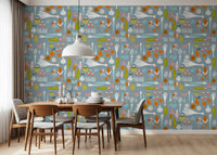 Dusty Blue Veggie Wallpaper with onions, pears, berries, and leaf shapes