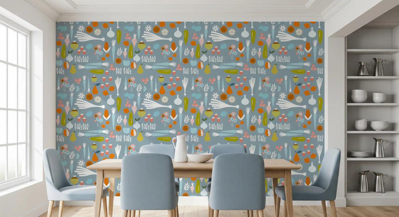 Dusty Blue Veggie tapet Mid Century Modern køkkentapet⁠