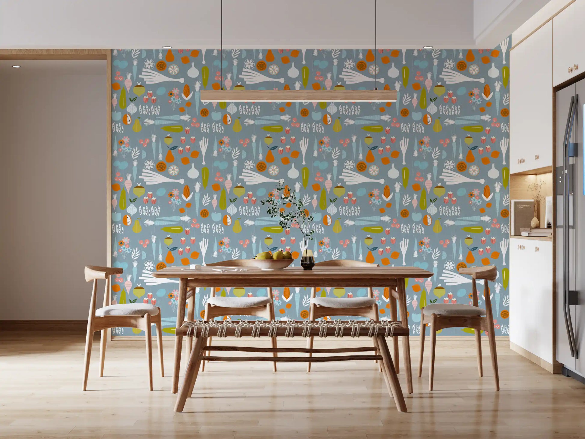 Blue Food Print Wallpaper with orange accents and soft floral details