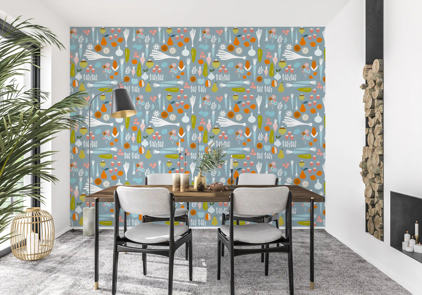 Café wall with Mid Century Food Wallpaper and colourful crop motifs