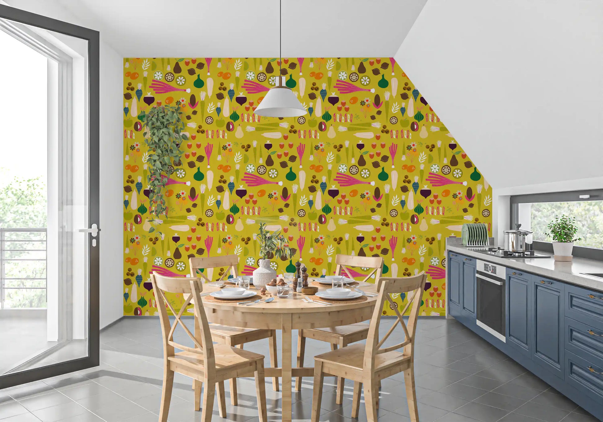 Kitchen wall with mustard vegetable wallpaper and playful produce pattern