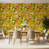 Produce pattern wallpaper with citrus rounds, pears, and floral accents