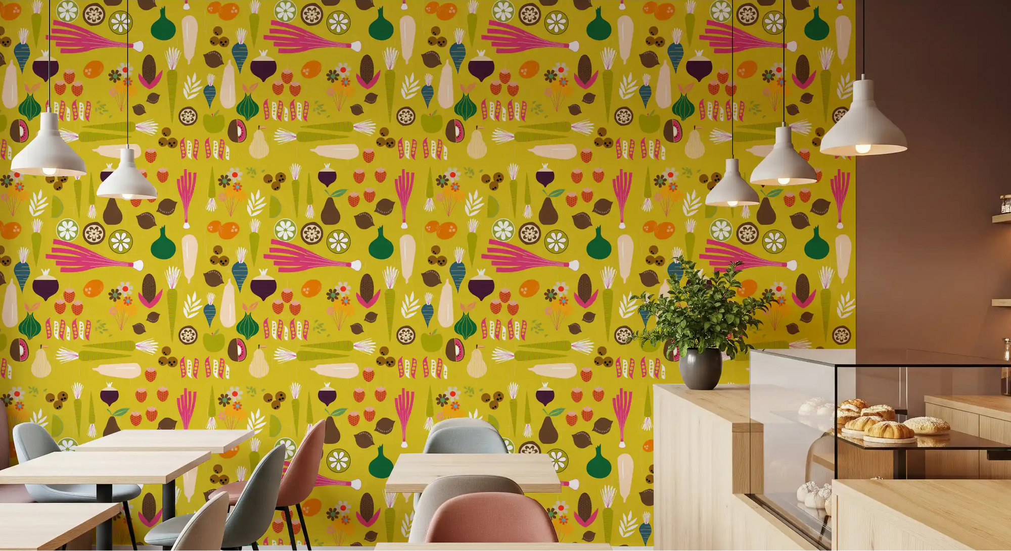 Cafe-style space using vintage vegetable wallpaper with garden shapes