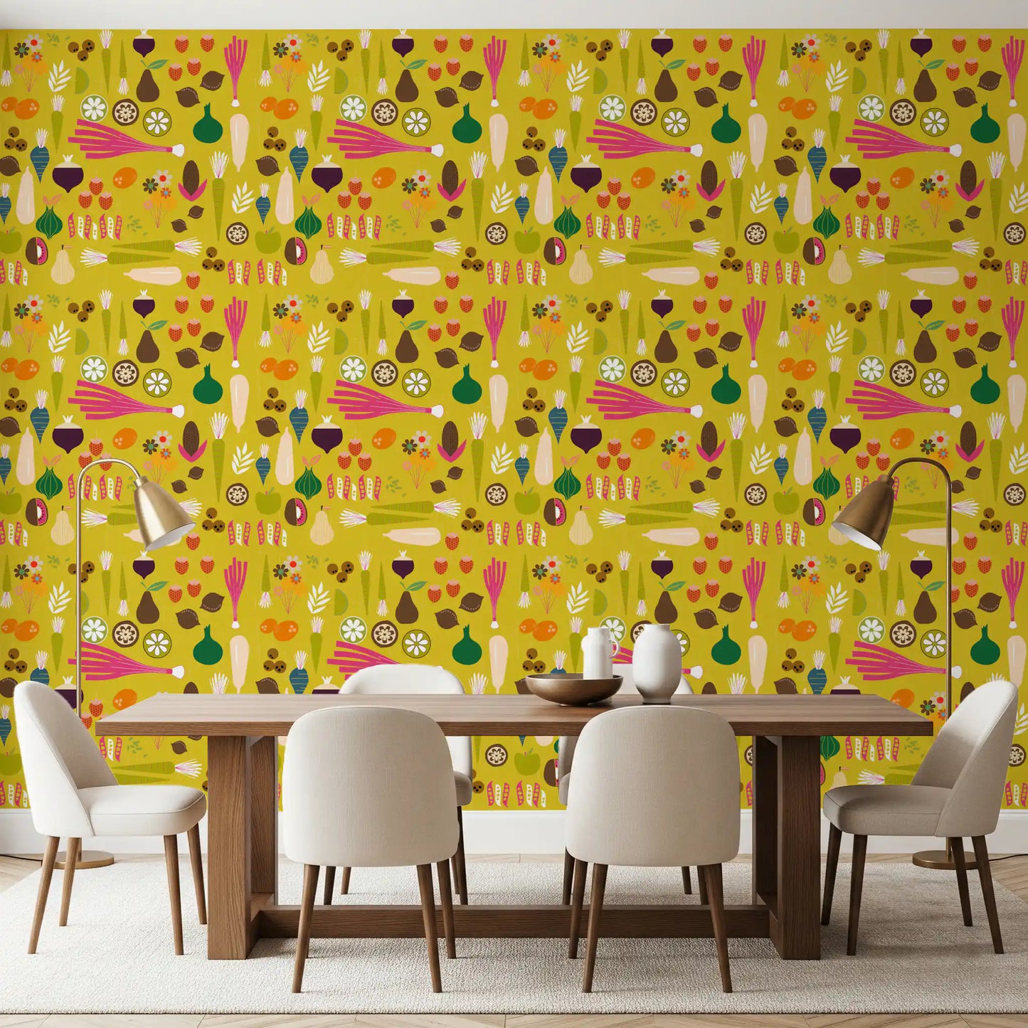 Mustard wallpaper with onions, peas, berries, and root vegetables