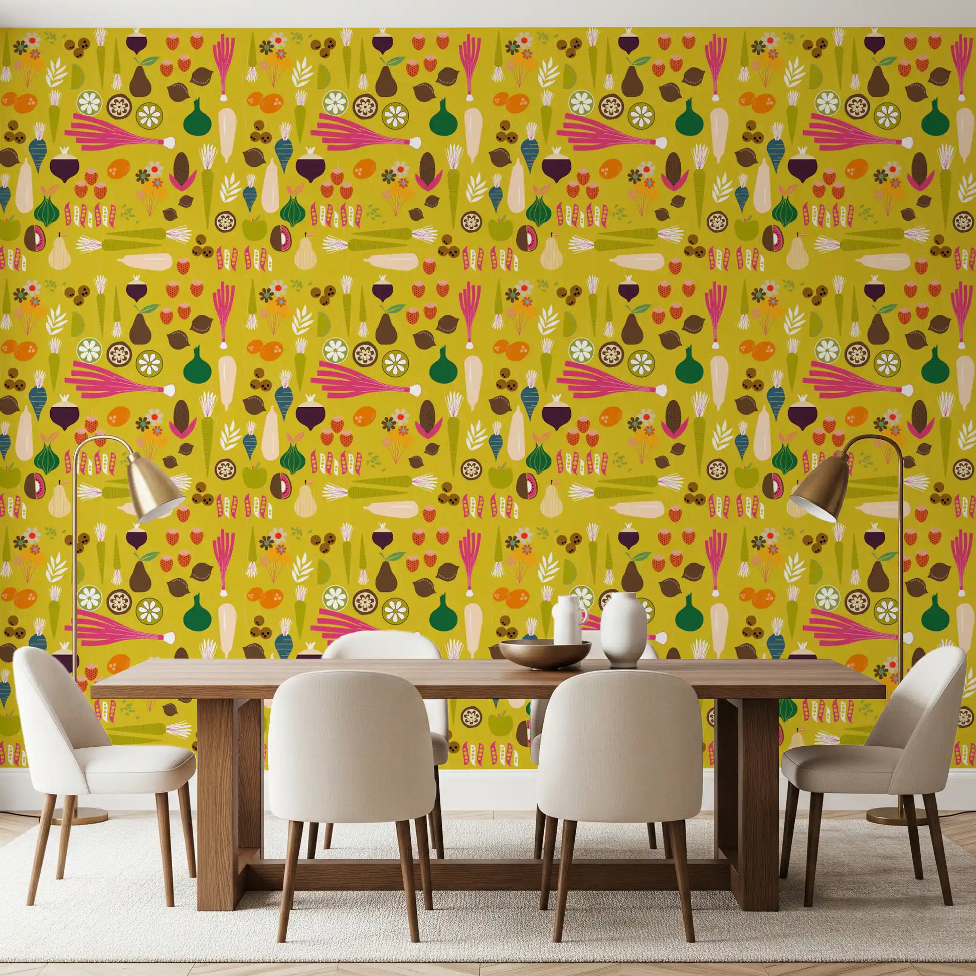 Mustard wallpaper with onions, peas, berries, and root vegetables