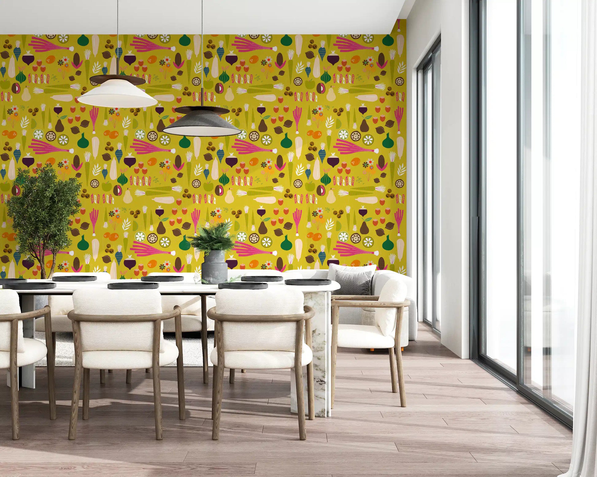 Kitchen print wallpaper with carrots, beets, pods, and fruit details