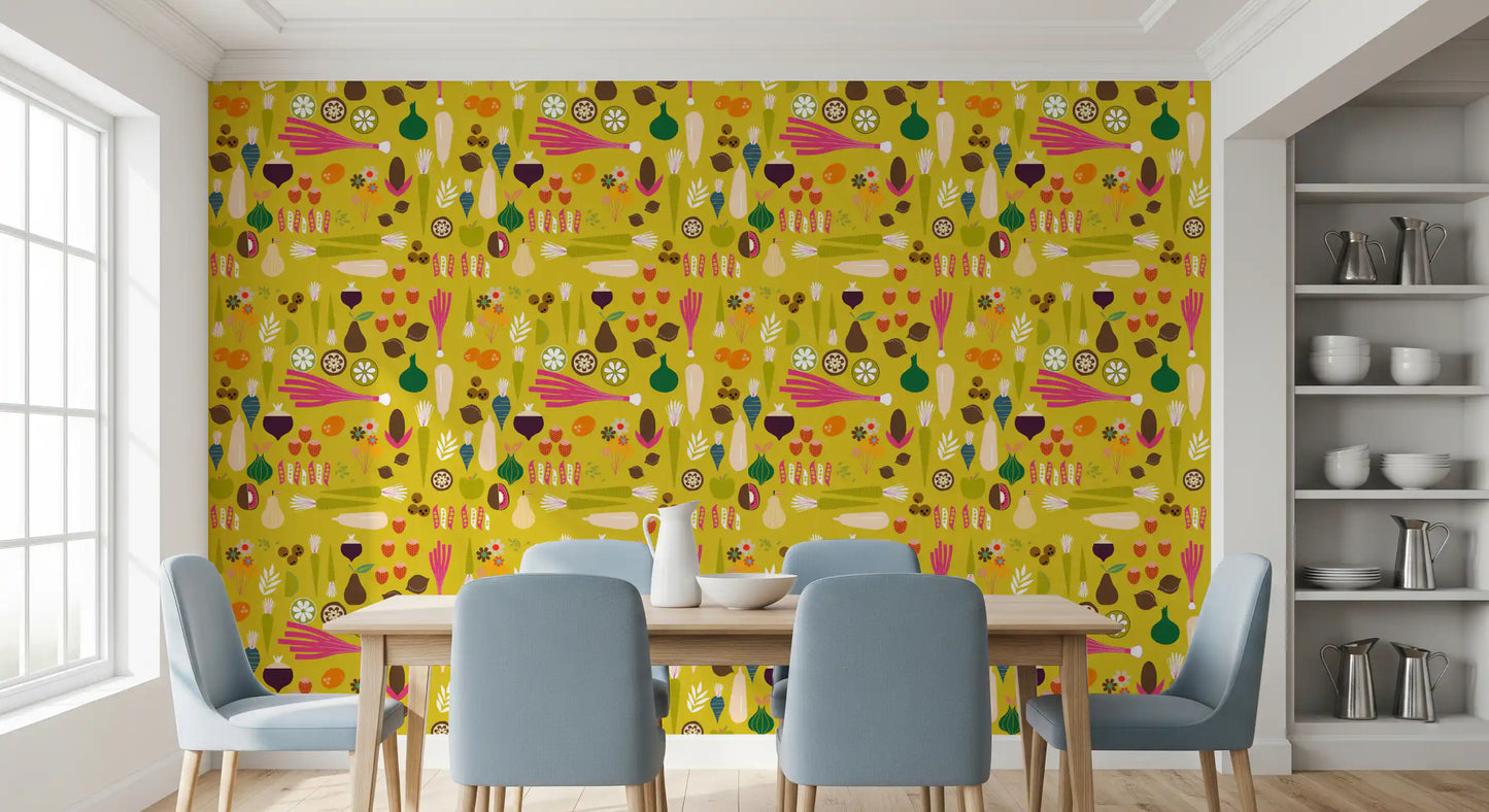 Breakfast corner with yellow kitchen wallpaper and food-themed artwork