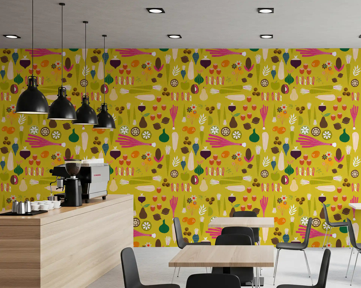 Pantry area featuring retro kitchen wallpaper with carrots and pears